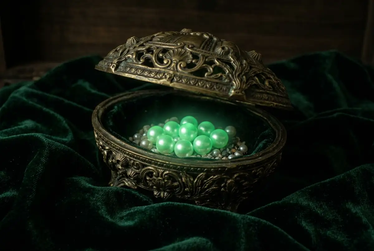 Ornate brass clam shell with glowing pearls